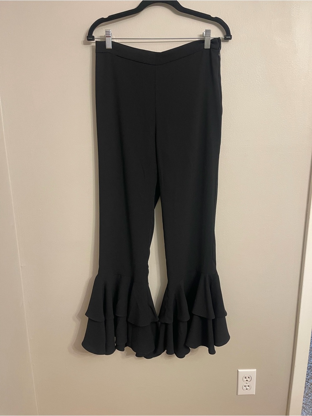 Endless Rose Black Wide-Leg Ruffled Hem Pants